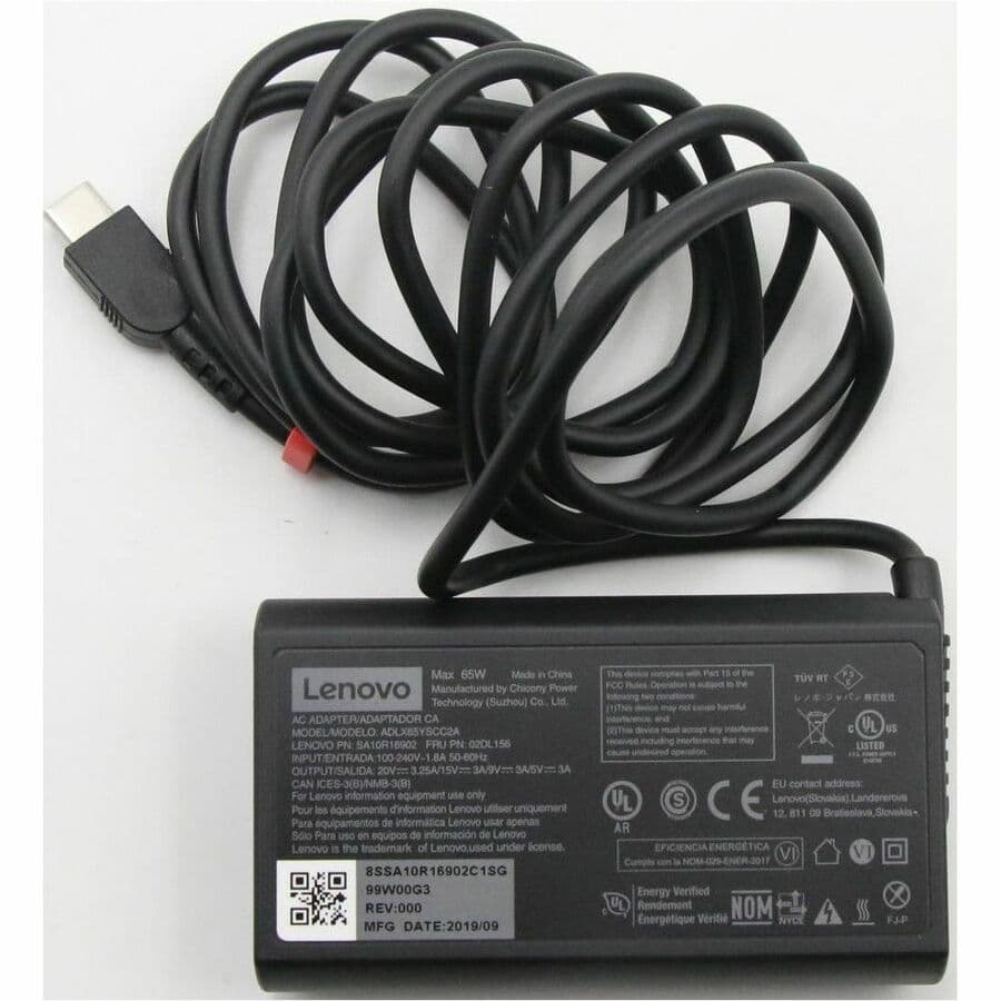 Lenovo 65W slim USB Type-C power adapter for ThinkPad laptops, model 02DL156