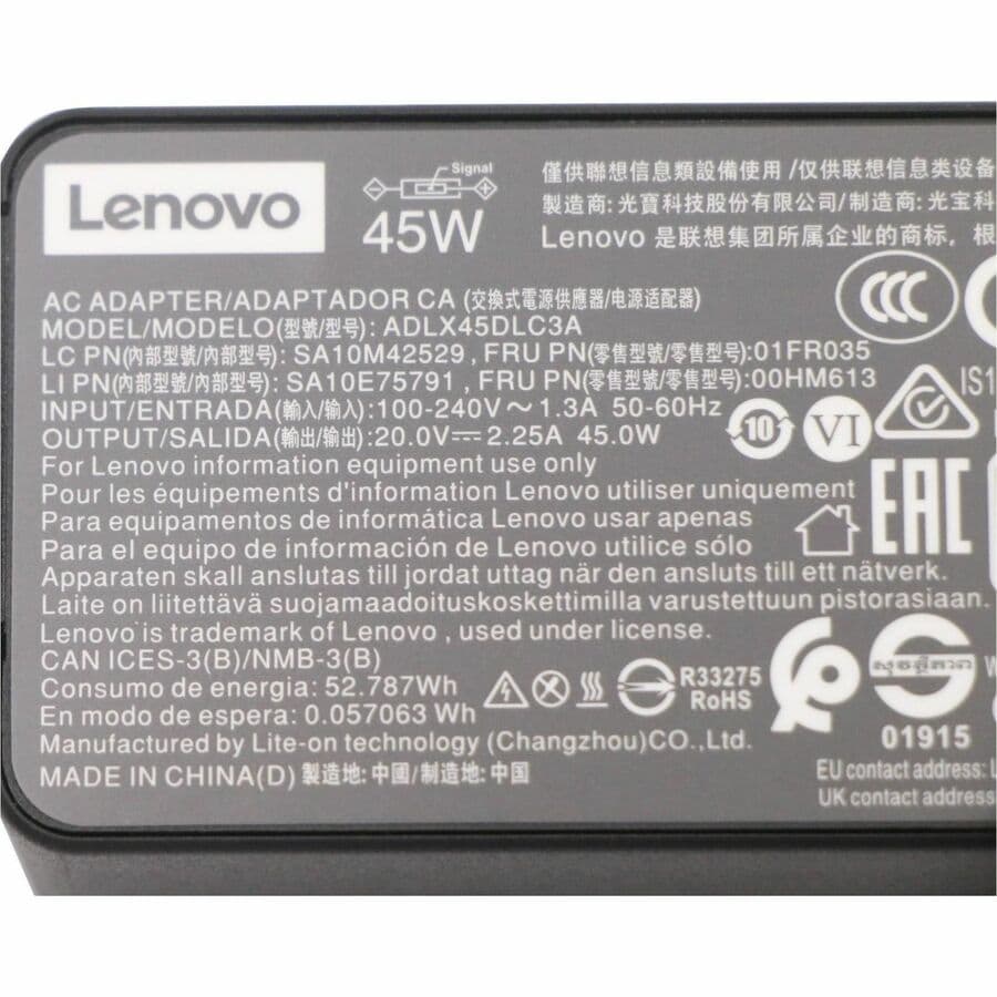 Lenovo ADLX45DLC3A 45 W AC adapter with 120 V AC and 230 V AC input