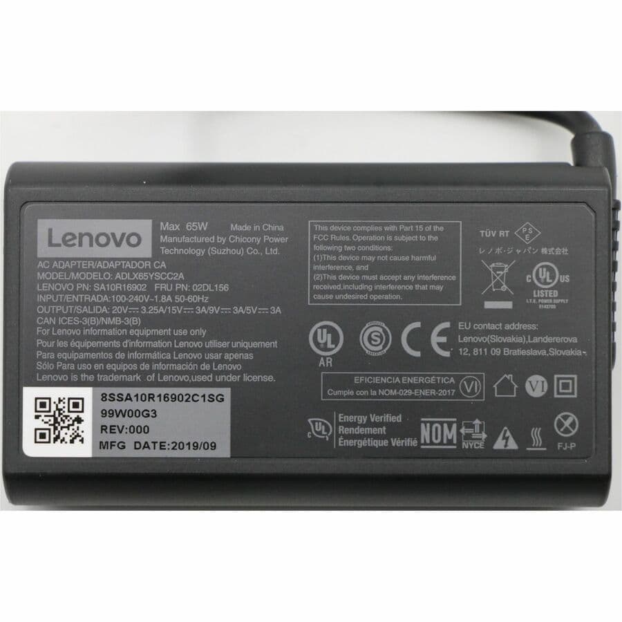 Lenovo 65W slim USB Type-C power adapter for ThinkPad laptops, model 02DL156