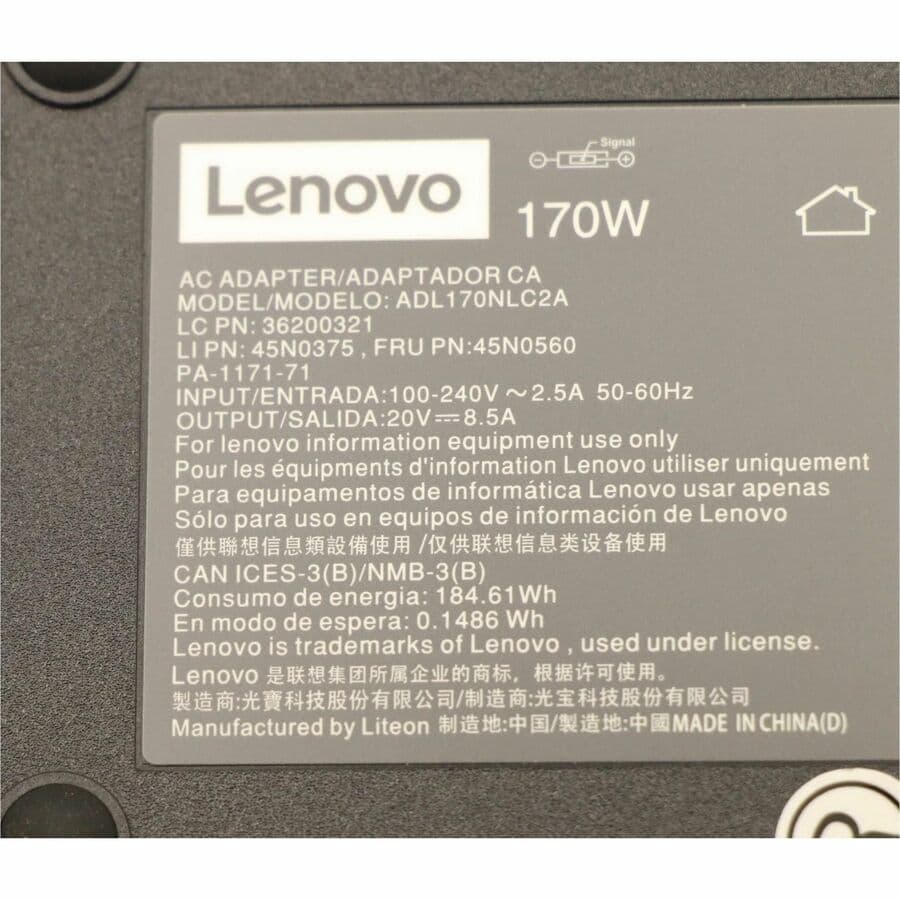 Lenovo 170W AC adapter with slim tip connector for compatible laptops