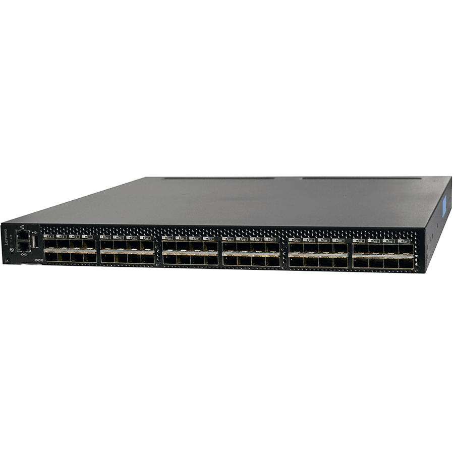 Lenovo B6510 24-port SAN switch with 16 Gb SFPs, dual power supplies, and rail kit