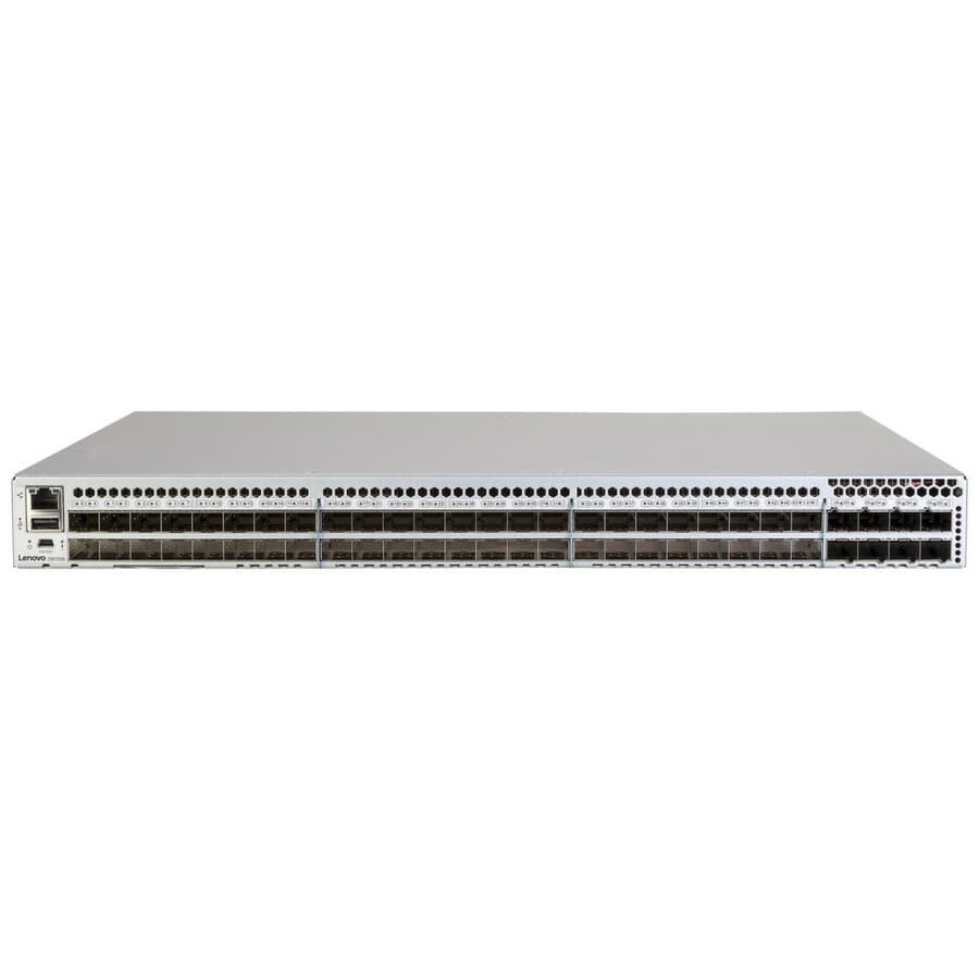 Lenovo DB720S SAN switch with 24 ports, 64 GB SFPS, dual power supplies, and rail kit