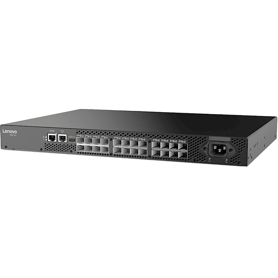 Lenovo ThinkSystem DB610S Fibre Channel SAN switch in compact 1U rack-mount chassis